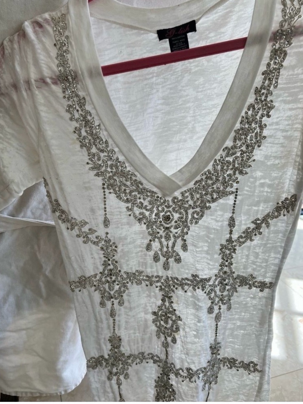 G-Lush Embellished V-Neck Beaded White Top